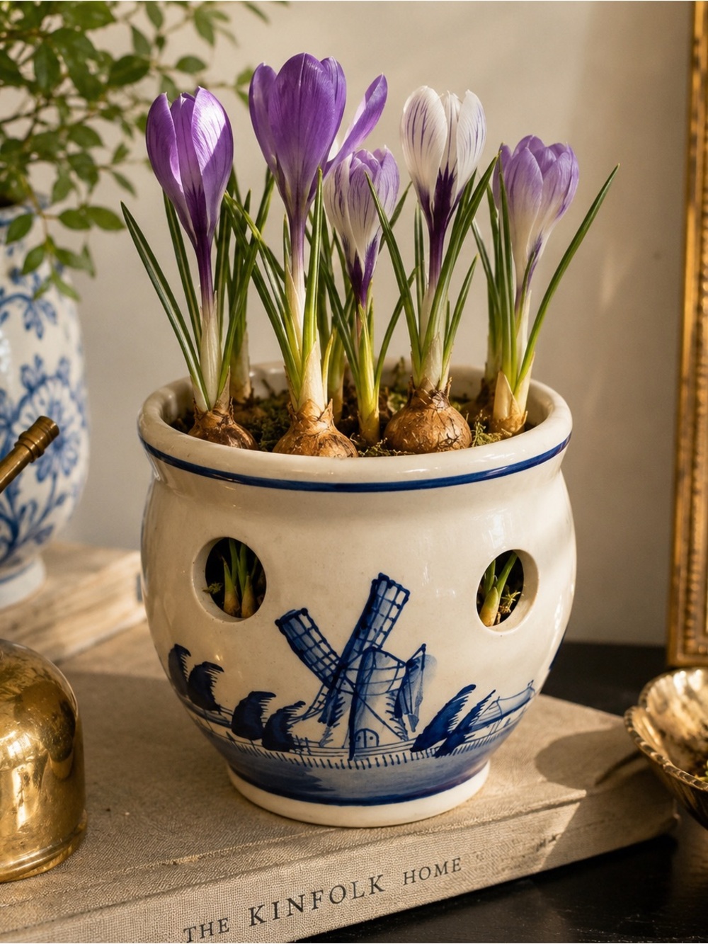 Vintage Delft Blue Crocus Pot Windmill | Cottage Decor Blue & White Candle